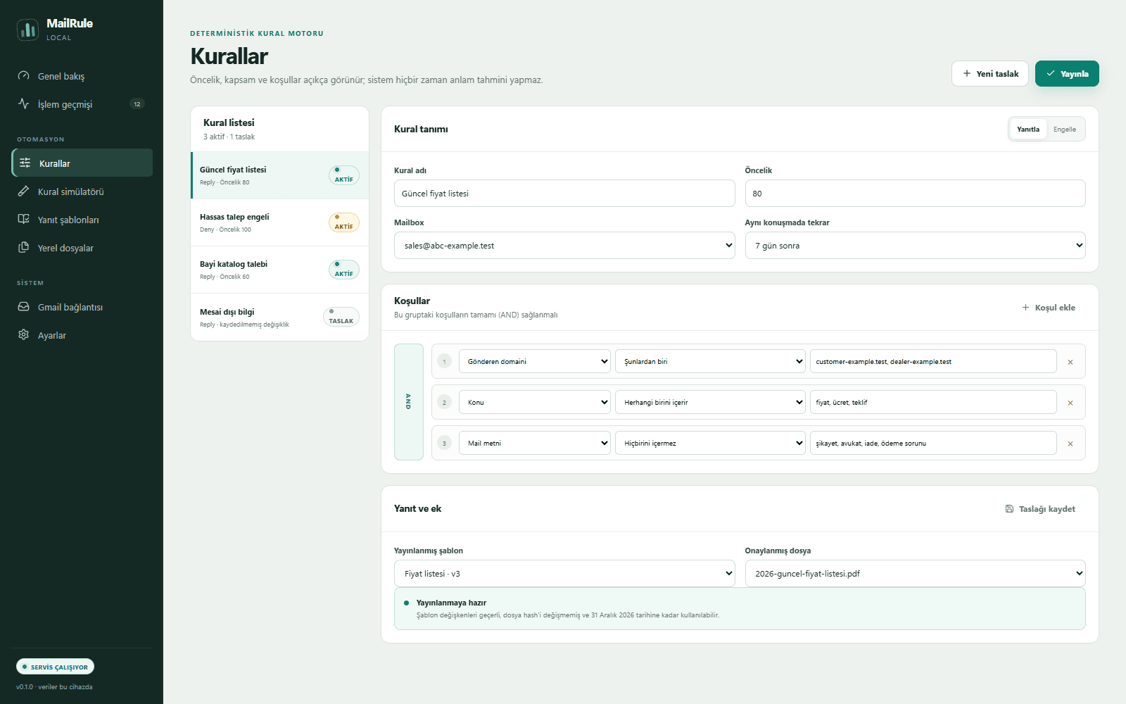 MailRule geliştirme arayüzünde deterministik kural koşulları